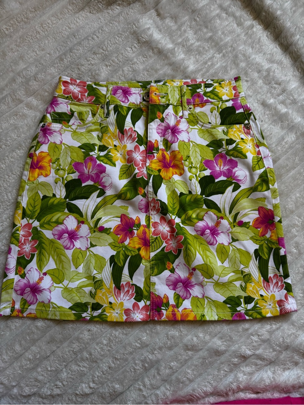 Tommy Bahama White Tropical Floral Mini Skirt with Green & Pink Accents